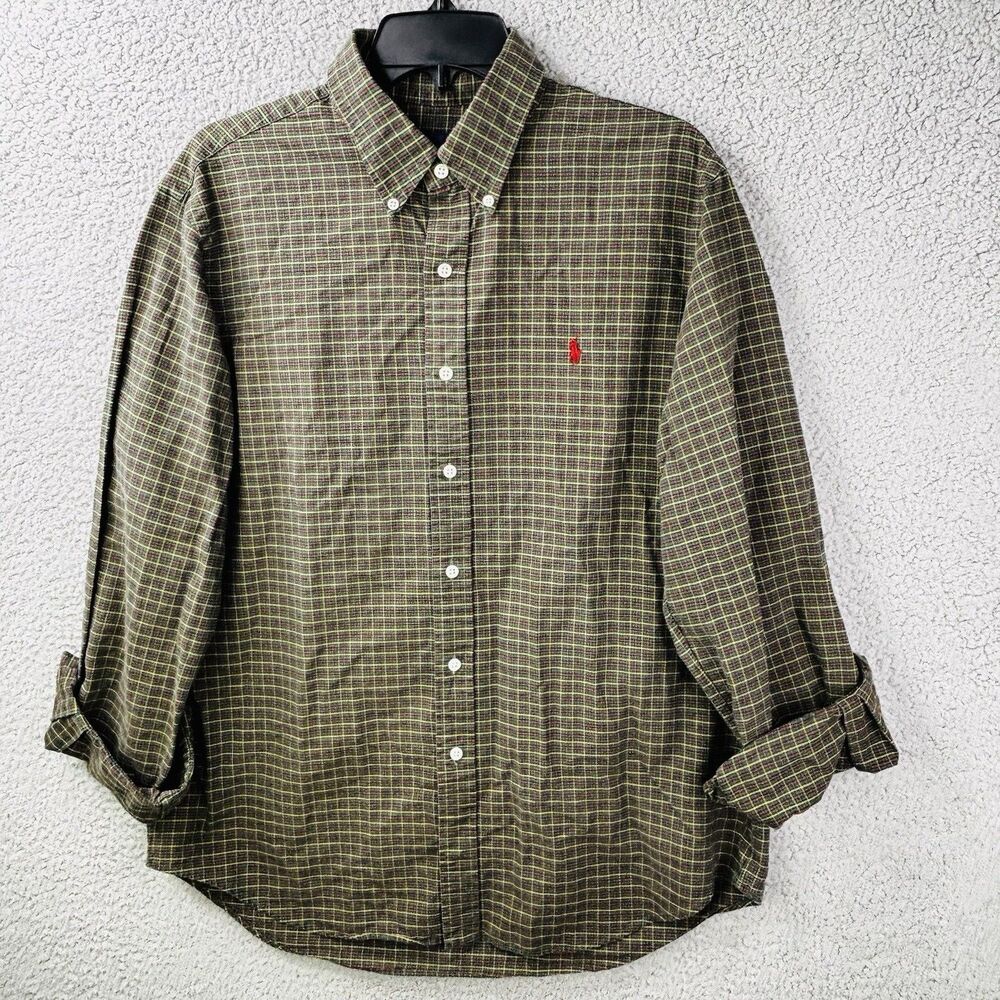 Ralph Lauren Shirt Mens L Green Maroon Yellow Check Button Pony Classic Preppy